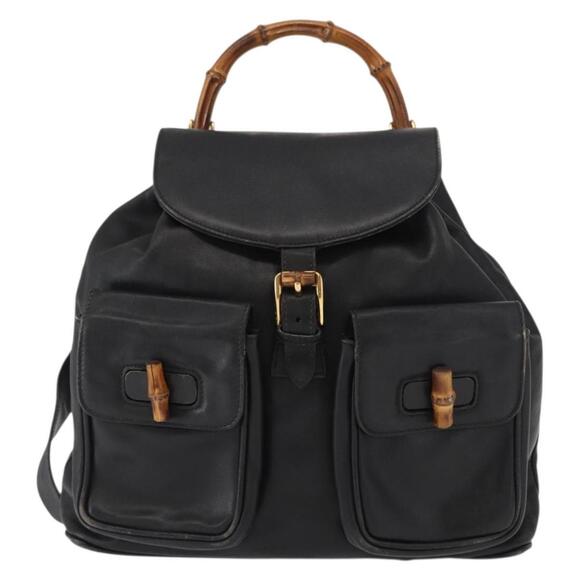 GUCCI Bamboo Backpack Leather Black Gold 003 2058 0016 Auth 154504 main image 4
